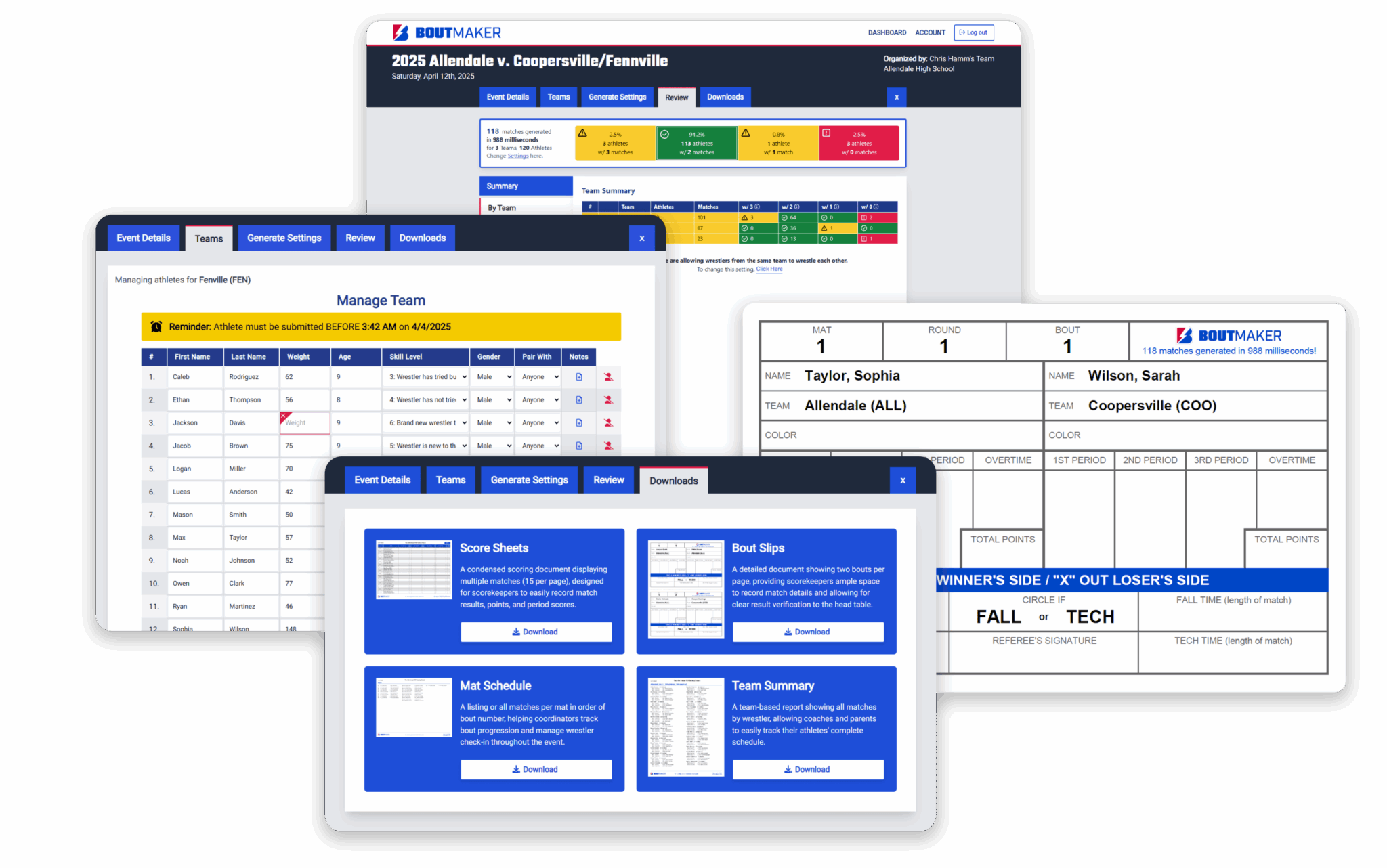 BoutMaker app screens showing organization, grouping, and match-making tools and outputs