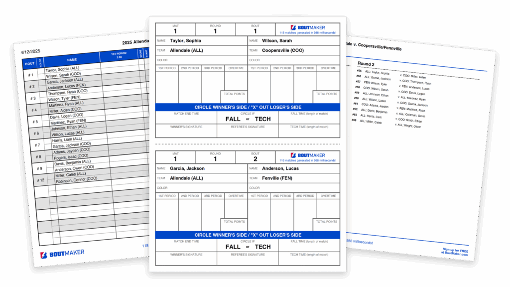 Wrestling match documents fout tournaments and events generated by BoutMaker app