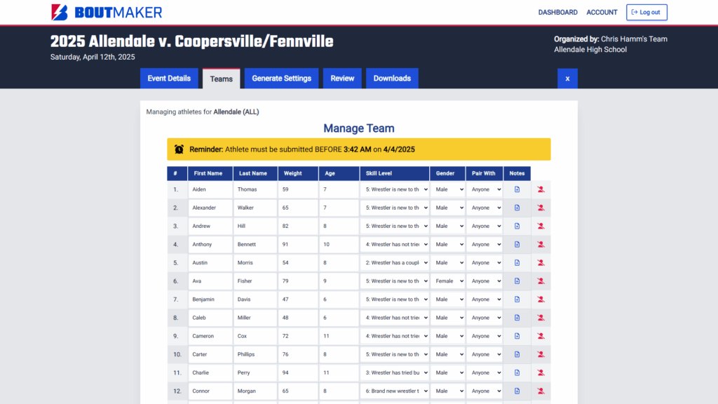 Manage teams screen in BoutMaker app